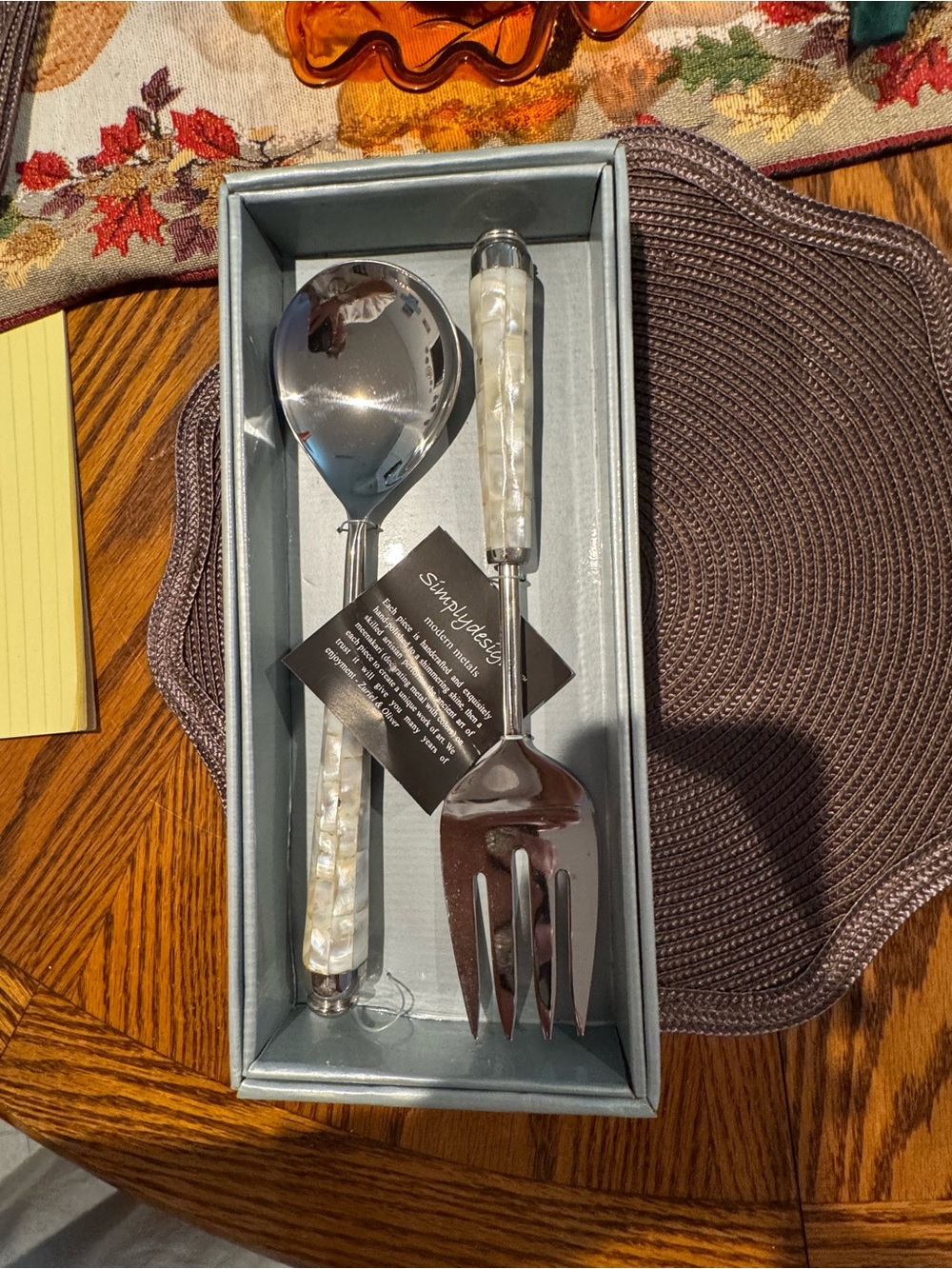 Mother-of-Pearl Effect Serving Spoon & Fork Set - White Handle